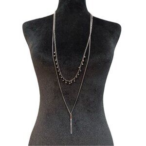 Layered Silver-Tone Necklace With Bar Pendant & Beaded Chain Design